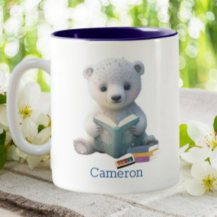 Taza Bicolor Oso polar lindo leyendo un libro personalizado