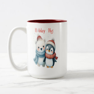 Taza Bicolor Oso polar lindo y amigos pingüinos Navidades mug