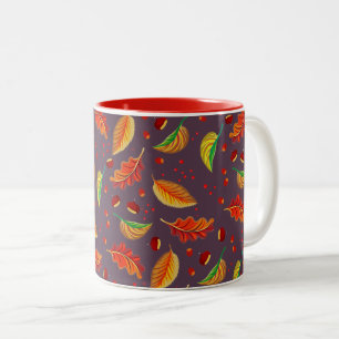 Taza Bicolor Otoño Hojas Nueces Patrón de castañas elegante Caí