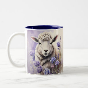 Taza Bicolor Ovejas Lanudas Y Flores De Lavanda A La Acuarela