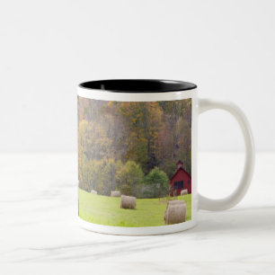 Taza Bicolor Pacas de heno y follaje de otoño en granja,