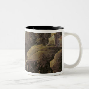Taza Bicolor Paisaje con los granjeros que tienden sus animales