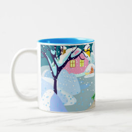 Taza Bicolor paisaje decorativo invernal en estilo naíf, invier