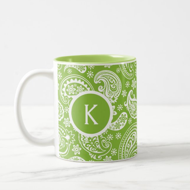Taza Bicolor Paisley verde y blanca monogramada (Izquierda)