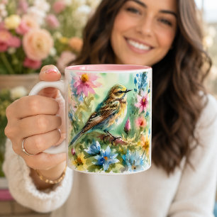 Taza Bicolor Pajarito Acuarela Pájaro y Floral