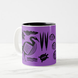 Taza Bicolor Pájaro antiguo, tortuga, hierba, púrpura de agua