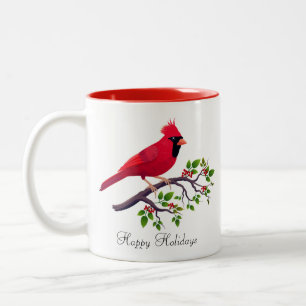 Taza Bicolor Pájaro Cardinal Rojo en Rama de Árbol Café de Dos