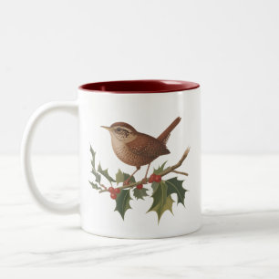 Taza Bicolor Pájaro festivo Ratonero en rama de acebo Navidad N