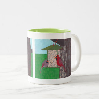 Taza Bicolor pájaros bonitos, cardenales en el alimentador, taz