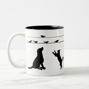 Taza Bicolor Pájaros de gato de perro Silhouettes Mascotas de h