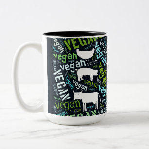 Taza Bicolor Palabra-Nube del "vegano" - cerdo, gallina, y vaca