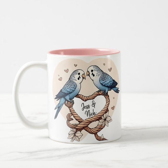 Taza Bicolor Pareja Budgie personalizada Rope Heart Mug (Izquierda)