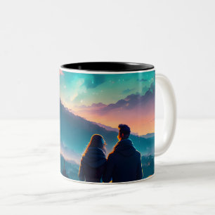 Taza Bicolor Pareja Sentada En El Techo