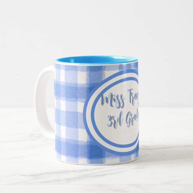 Taza Bicolor Pastel Blue Plaid Custom  (Anverso izquierdo)