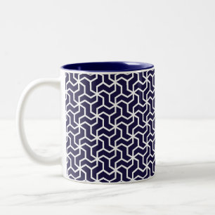 Taza Bicolor Patrón Art Deco Geométrico Azul Naval Blanco