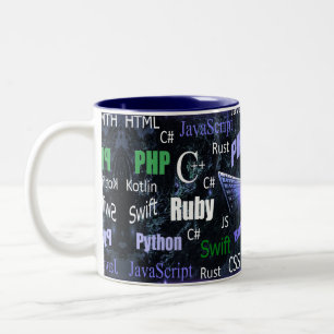 Taza Bicolor Patrón azul de lenguajes de programación