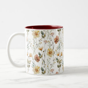 Taza Bicolor Patrón Botánico Boho de Flor Silvestre con Acuarel