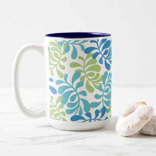 Taza Bicolor Patrón Botánico Hojas Océano Azul