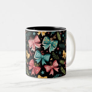Taza Bicolor Patrón Bow con estrellas y ramas de pino