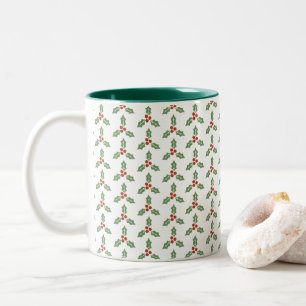 Taza Bicolor Patrón de Acebo de Navidad Acebo Verde Bayas Rojas