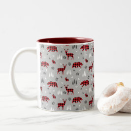 Taza Bicolor Patrón de Animales del Bosque con Cuadros de Búfal