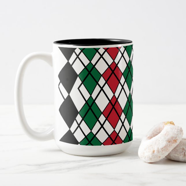 Taza Bicolor Patrón de Argyle Negro Verde Rojo (Con donut)