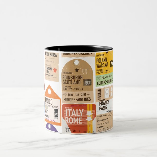 Taza Bicolor Patrón de billetes de viaje de época. (Centro)