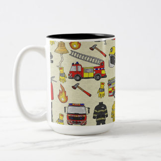 Taza Bicolor Patrón de bomberos, camión de bomberos, engranaje