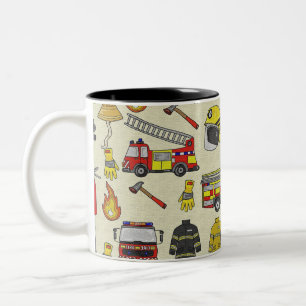 Taza Bicolor Patrón de bomberos, camión de bomberos, engranaje