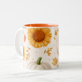 Taza Bicolor Patrón de calabazas otoñales y girasoles de color 