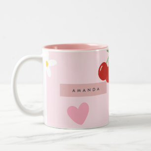 Taza Bicolor Patrón de cerezas, margaritas y corazones rosados