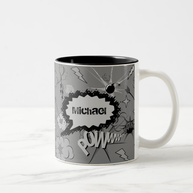 Taza Bicolor Patrón de cómic personalizado gris retro (Derecha)