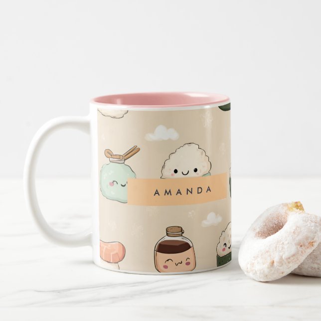 Taza Bicolor Patrón de comida japonesa sushi kawaii personaliza (Con donut)