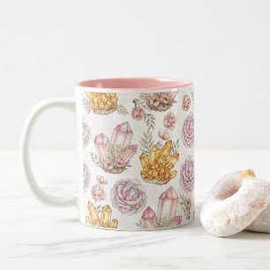 Taza Bicolor Patrón de cristales y rosas en acuarela pastel Dos