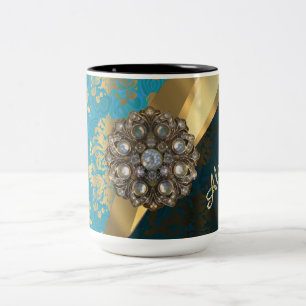 Taza Bicolor patrón de damasco de bonito giratorio aqua persona