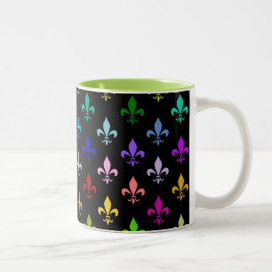 Taza Bicolor Patrón de fleur de lis colorido sobre negro