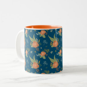 Taza Bicolor Patrón de Flor de Melocotón Vintage Azul Oscuro