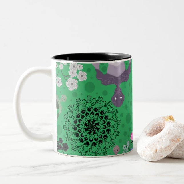 Taza Bicolor Patrón de Flor y Robot Extraños (Con donut)