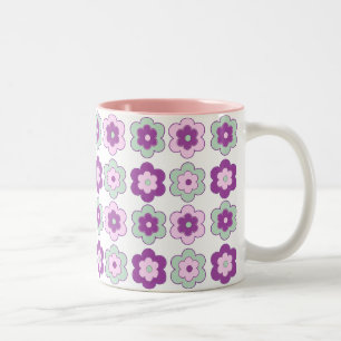 Taza Bicolor Patrón de Flores Burbuja Retro (verde y morado)