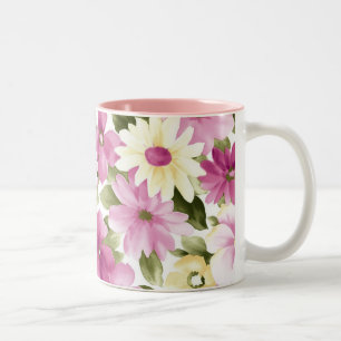 Taza Bicolor Patrón De Flores Rosa Y Amarilla Mug
