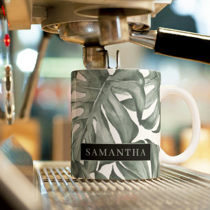 Taza Bicolor Patrón de hojas de oasis moderno acuarela tropical