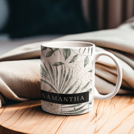 Taza Bicolor Patrón de hojas y flores de acuarela tropical