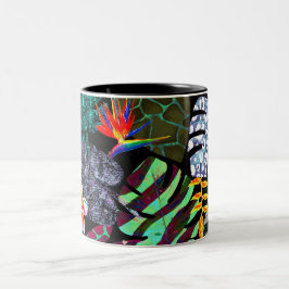 Taza Bicolor Patrón de hojas y flores tropicales vibrantes