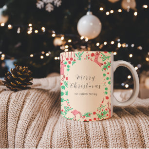 Taza Bicolor Patrón de Navidad Reno Rosa Caprichoso Vintage