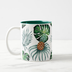 Taza Bicolor Patrón de palma de jungla de acuarela tropical de