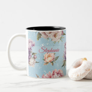 Taza Bicolor Patrón de Peonía Personalizada de Flora Vintage