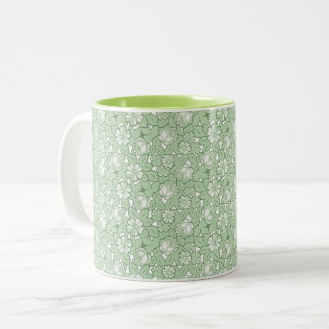 Taza Bicolor Patrón de rosa en verde claro (Anverso izquierdo)