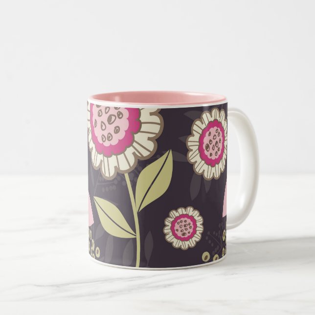 Taza Bicolor Patrón de tulipán floral rosado grande (Anverso derecho)