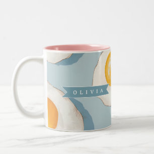 Taza Bicolor Patrón Divertido Azul de Huevo Frito Personalizado