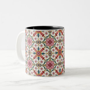 Taza Bicolor Patrón floral boho en rojo, rosa y azul verdoso